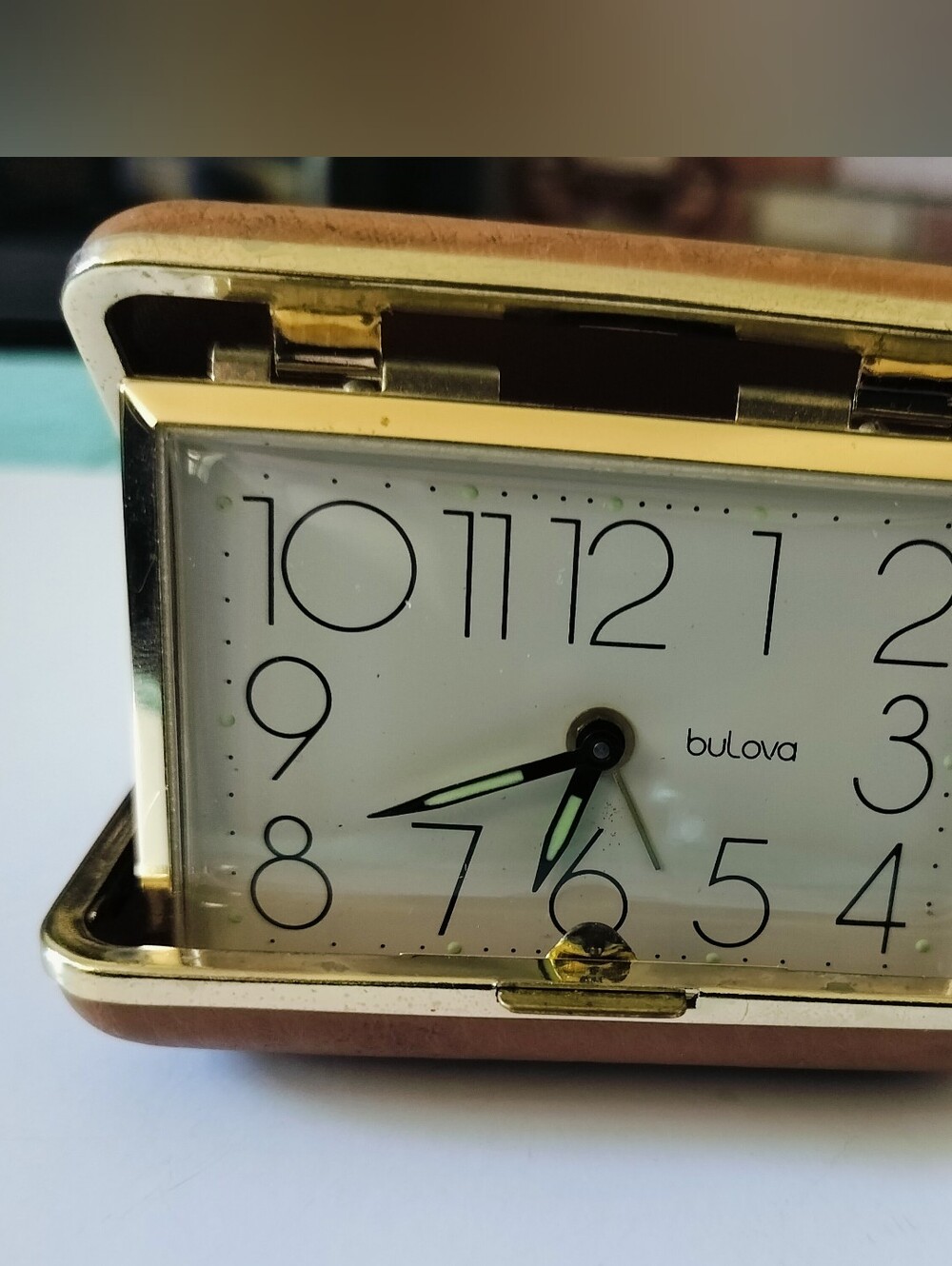 Vintage Bulova Travel Alarm Clock in Tan Leather Folding Case Made in Japan